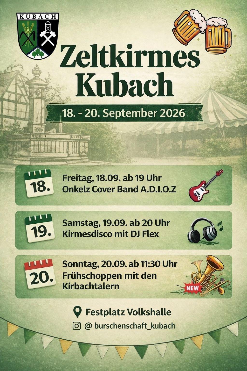 Plakat zur Kubacher Kirmes 2026 mit dem Programm von Freitag, 18., bis Sonntag, 20. September 2026